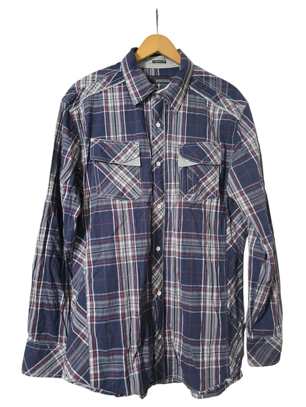 Buckle Black Athletic Fit Long Sleeve Button Down Shirt Plaid Navy Red Men's XL